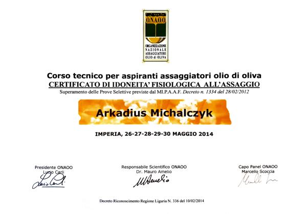 Olivenöl Sommelier Zertifikat von Arkadius Michalczyk